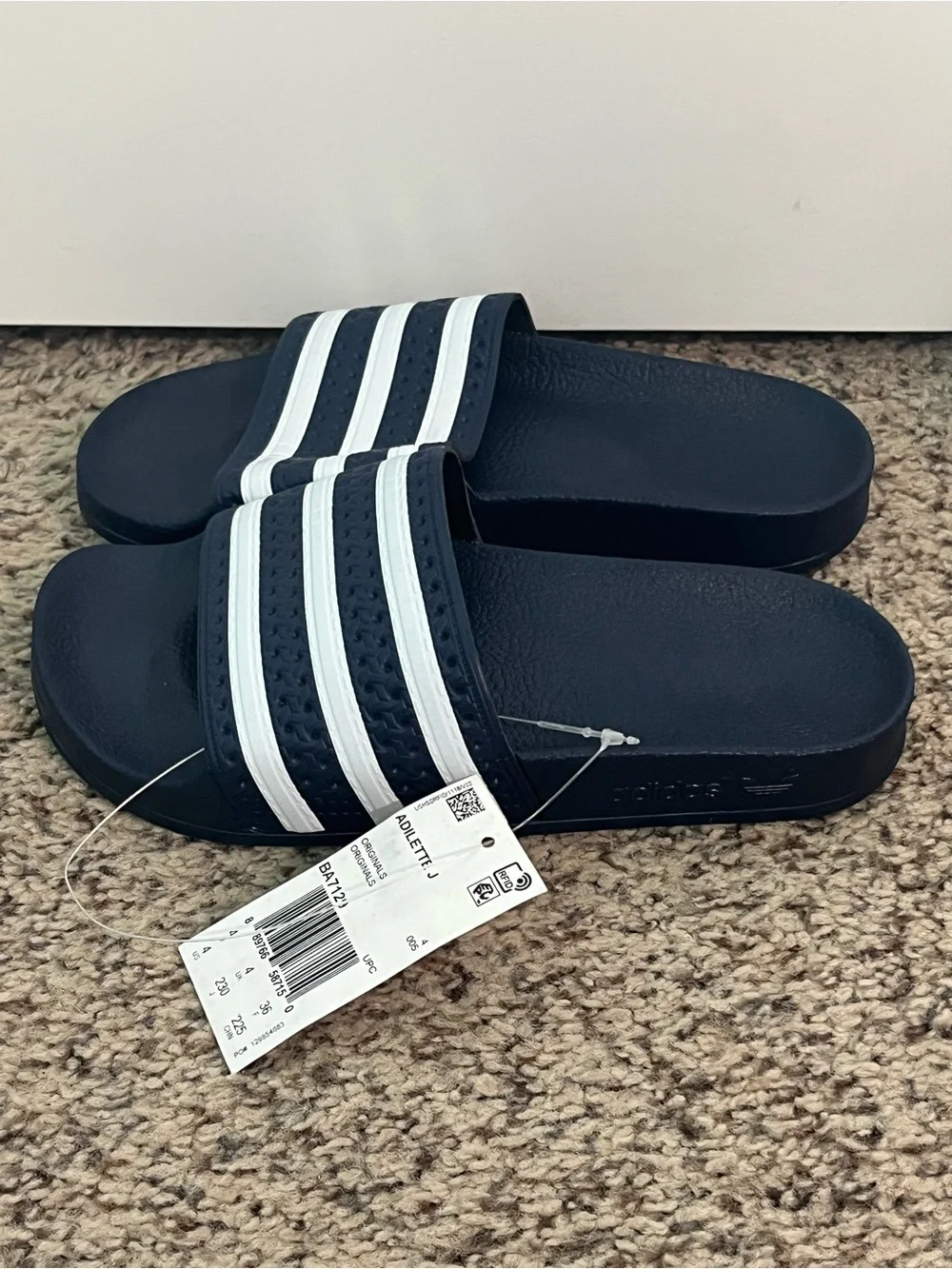 adidas Navy Slide Sandals with White Stripes - Kids